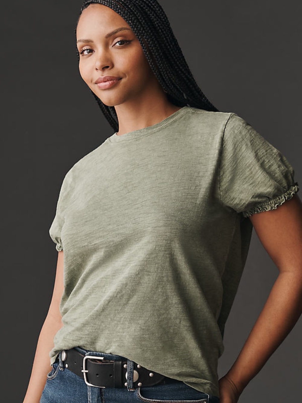 Women's Pilcro Bennie-Puff Olive Crew Neck Distressed T-Shirt - XS